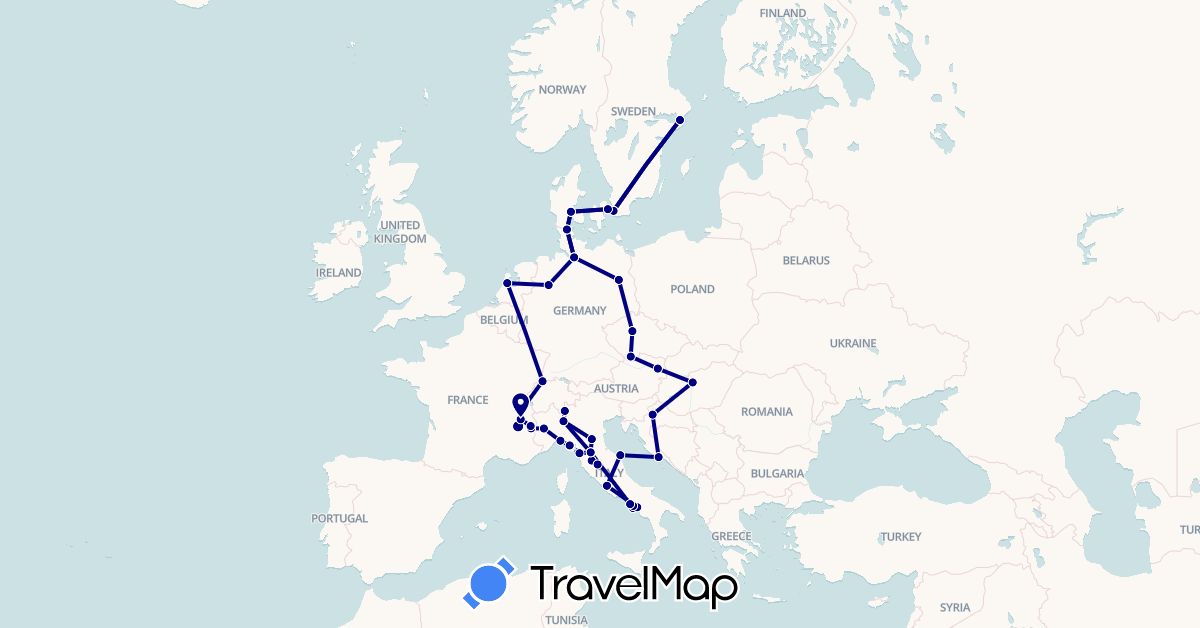 TravelMap itinerary: driving in Austria, Switzerland, Czech Republic, Germany, Denmark, France, Croatia, Hungary, Italy, Netherlands, Sweden (Europe)